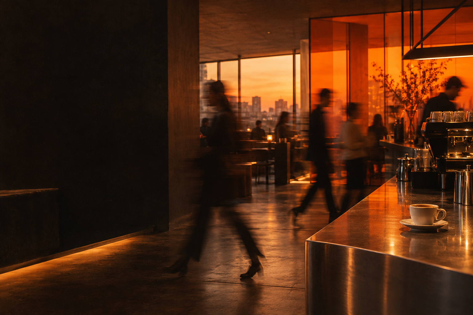 Orange-lit coffee shop with people in motion